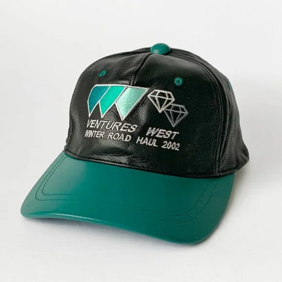 Vintage Leather Baseball Hat Cap Ventures West Diamond Black Green Streetwear - Picture 1 of 10